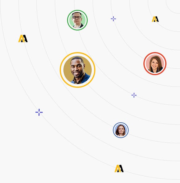 Arte com rostos de pessoas sorrindo em circulos formando uma rede